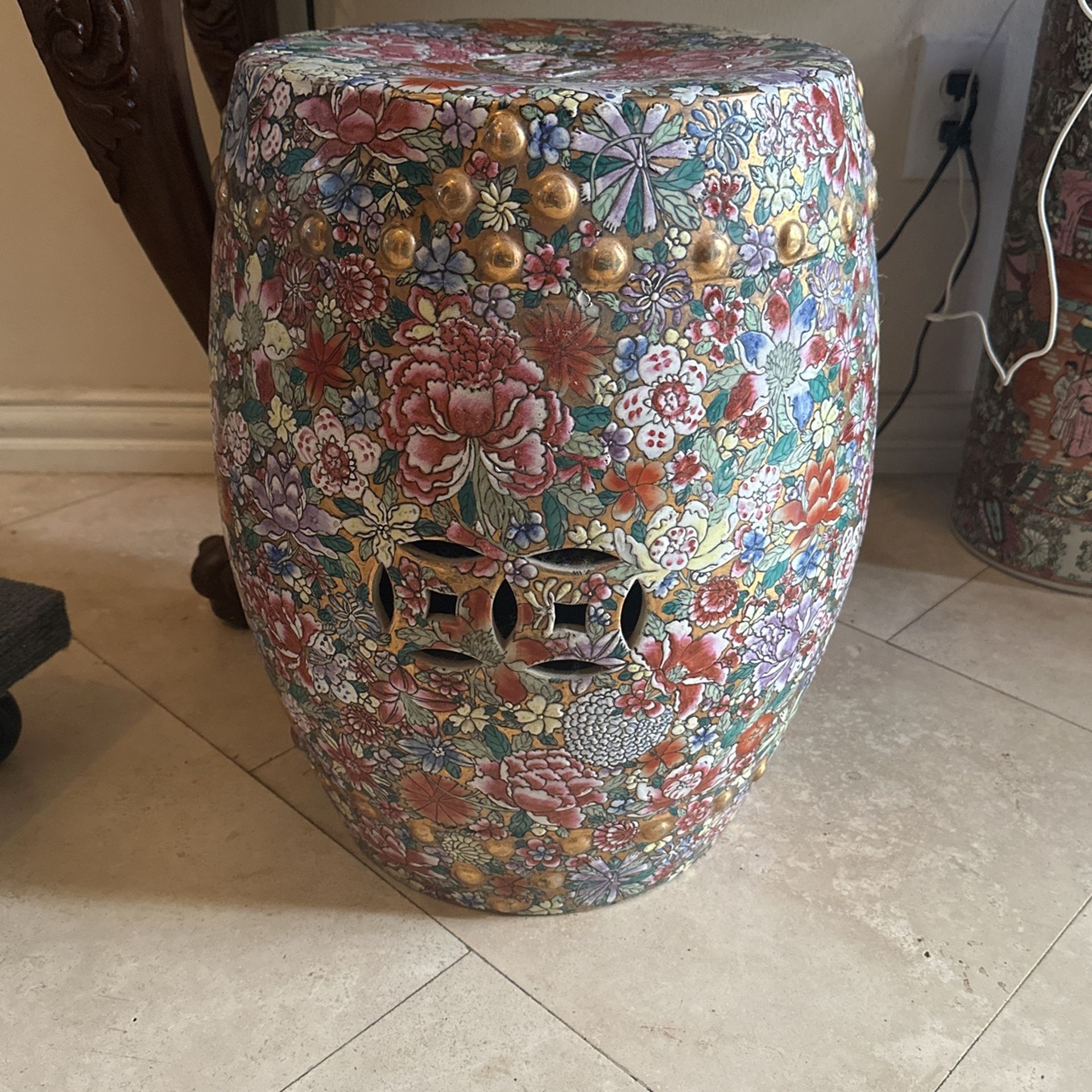 Antique Asian Floral Chrysanthemum Pedestal Seat