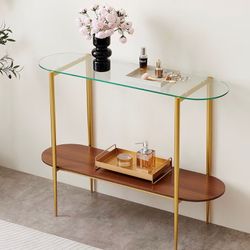 Glass And Wood Console Table With Gold Frame