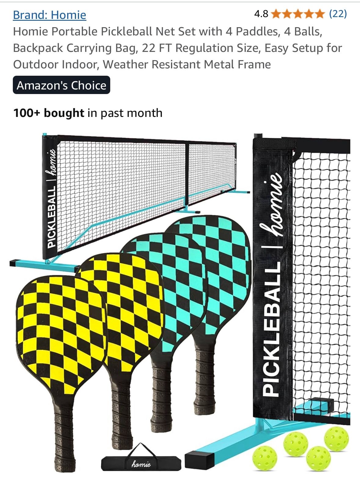 Portable Pickleball Net Set with 4 Paddles, 4 Balls, Backpack Carrying Bag, 22 FT Regulation Size, Easy Setup for Outdoor Indoor, Weather Resistant Me