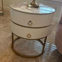 Set of 2 Marble look top Round White Fluted Nightstand End table Gold Accents