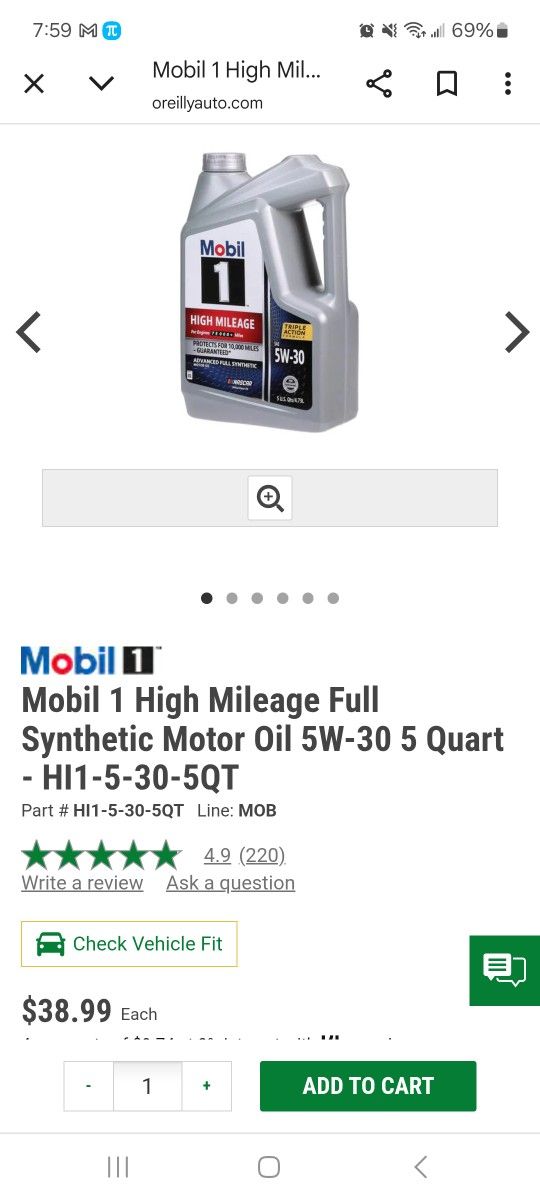 Mobil One 5w-30 20,000 Mile Oil 5quarts