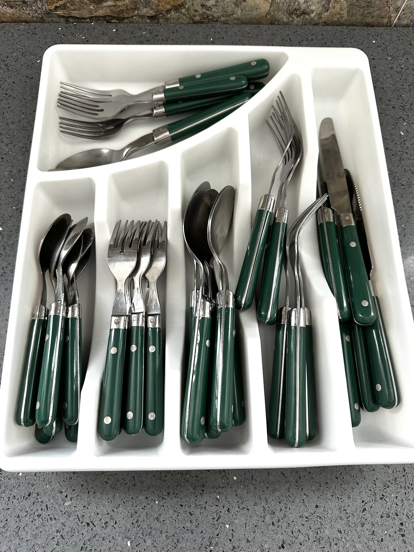 Stainless Steel Cutlery Flatware Green Handle With Utensil Holder Drawer Pier One 