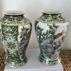 Vintage Pair 2-Oriental Large Porcelain Vase Bird Peacock Floral Gold Trim Vases Urns Handpainted Centerpiece Asian Decor Handcrafted Retro Collectibl
