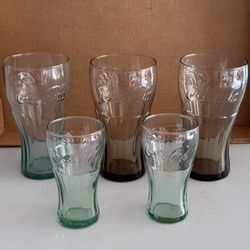 Coca Cola Green Glasses 6 oz 4.5” & Brown Glasses 16 oz 6” Tall Bundle of 5