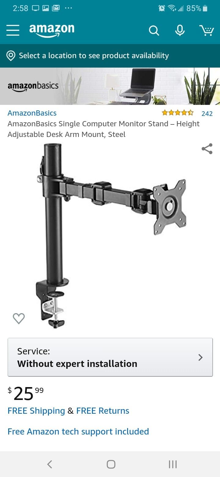 AmazonBasics Single Computer Monitor Stand – Height Adjustable Desk Arm Mount, Steel