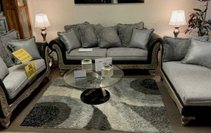 Beige Wood And Black Leather Lving Room Set (sofa And Loveseat)