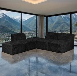 Black Faux Fur, Compressed High Density Foam Modular Design Couch Sofa Sectional