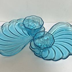 Vintage Mid Century Aqua Blue Glass Swirl Wave Shell Pattern Snack Plates And Cups Set