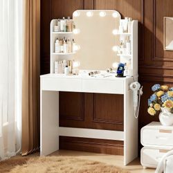 Makeup desk with mirror and lights, 3 colors, 31.5 inches wide, dressing set for girls with power outlet, vanity table with 2 drawers, 6 storage shelv