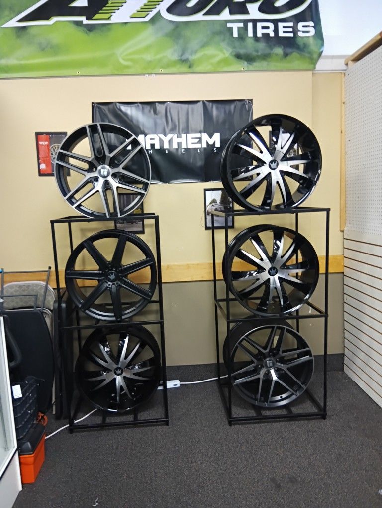 Christmas Deals All Set Of 4 Wheels In stock 6 X 139.7 Fits Chevy  Set Of 4 7  Spokes  22" Fits Fwd 5 X 115 Or 5 X 110 Or 5 X 114.3 Black Machine 