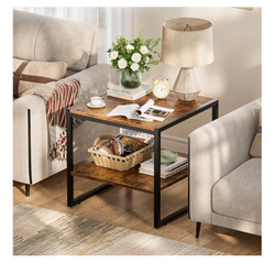 20 Inch Square End Table with 2-Tier Storage Shelves, Rustic Brown