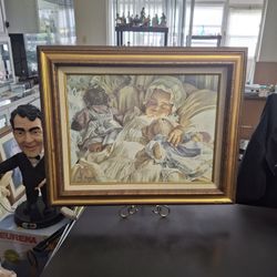 Melinda Byers Oil Print On Canvas " Peaceful Dreams " African American Baby Asleep In A Cradle W/A Teddy Bear & Doll 17"x21" W/Frame