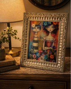 Framed Whimsical Girl and Cat Art Print with hand pressed flowers