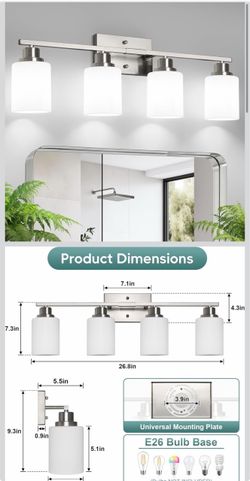 Ascher Bathroom Light Fixtures, 4-Light Vanity Light Over Mirror, Brushed Nickel Wall Sconces with Milky White Frosted Glass Shades, Wall Lamp for Liv