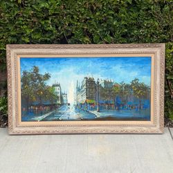 Painting Vintage Mid Century Framed 60s Reynolds Paris France Cityscape Signed MCM Mid Century Blue