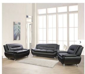3 Piece Black And Grey Faux Leather Sofa, Loveseat & Chair