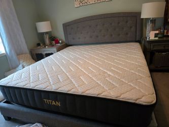 California King Bed Set - Titan Mattress, Upholstered Frame, 2 Zinus Box Springs $350 obo