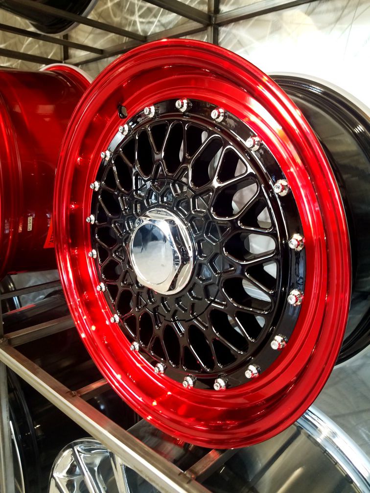 Black with red lip wheels 15x7 4x100 4x114 et20 fits civic miata 4 lug vw wheel rim tire shop