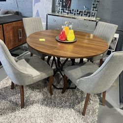 5 PIECE ROUND DINING TABLE SET BROWN BKACK BASE GRAY FABRIC CHAIR 47x47x30