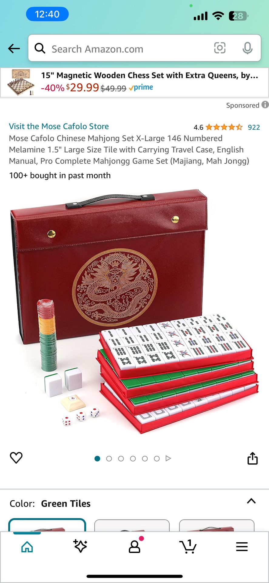 Mose Cafolo Chinese Mahjong Set X-Large 146 Numbered Melamine 1.5" Large Size Tile with Carrying Travel Case, English Manual, Pro Complete Mahjongg Ga