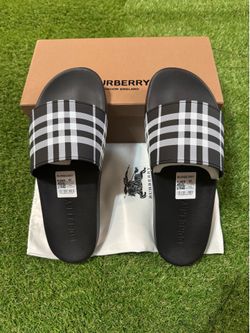 black slides with white/black checkered pattern
