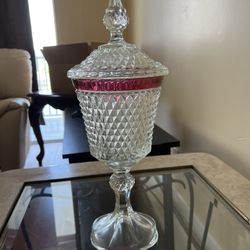 Vintage Footed Candy Dish With Red Stipe And Cushion Cut Crystal
