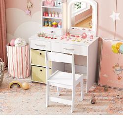 Costzon Kids Vanity with Lights, Princess Makeup Dressing Desk with Mirror and Stool, Storage Drawer
