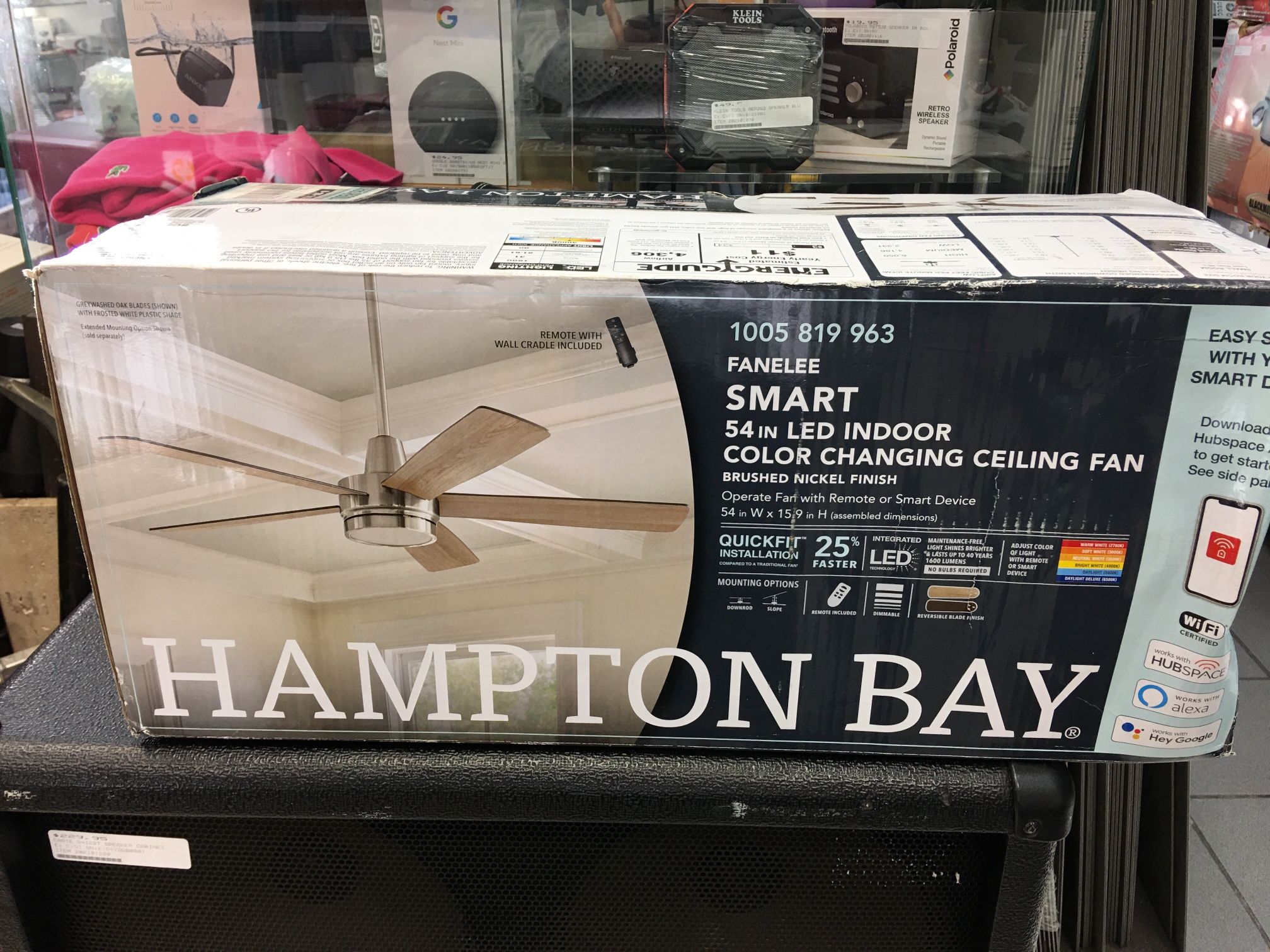 Hampton Bay Fanelee 54” Led Brushed Nickel Smart Hubspace Ceiling Fan With Light Kit New
