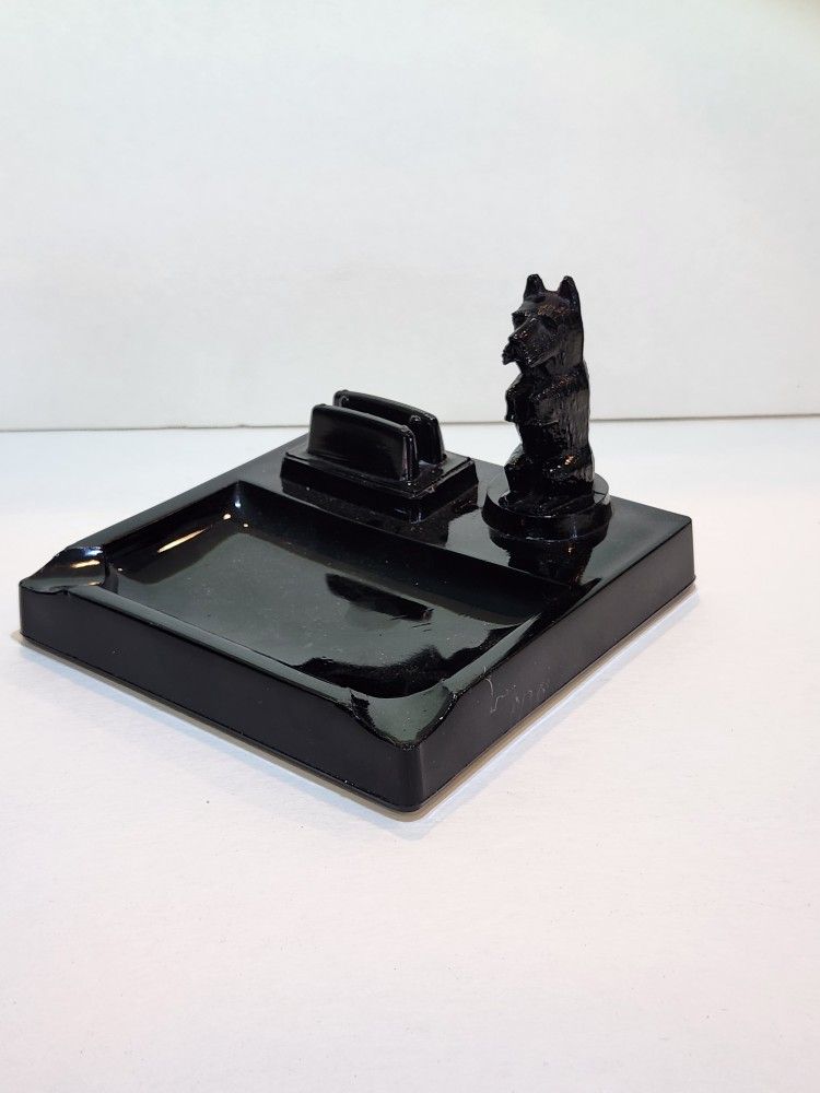 Figural Scottie Dog Ashtray With Match Holder Depression 1930s Black Amethyst