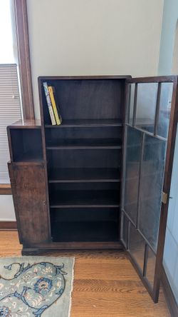 Vintage Wood Cabinet w/ Glass Door – Adjustable Shelves
