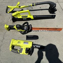 Ryobi 18 V Blower Weedeater Head trimmer, chainsaw, battery, and charger Toro 60 V Mower Blower Dewalt green works Ryobi weedeaters
