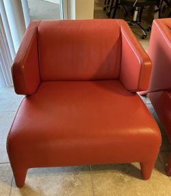 Roche Bobois Silhouette Orange leather low back armchairs (2)