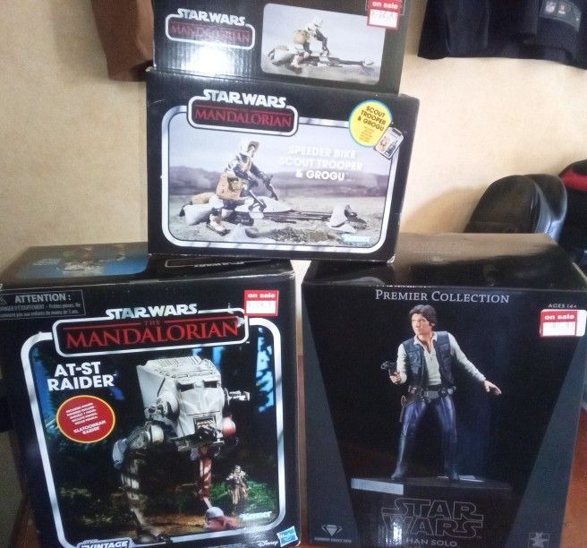Star Wars Premier Collection "Han Solo" $100 The Mandalorian At-St Raider Kenner $50 And Speeder Bike Scout Trooper $25 Still In It's Original Box
