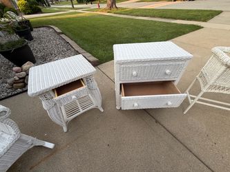 Wicker chair, end tables, mirror and planter