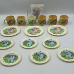 Vintage Hasbro 1984 My Little Pony Mini Tea Set Plastic Plate, Cups, Pitcher