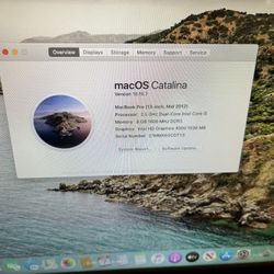 MacBook Pro 13” Mid 2012 Intel Core i5 @ 2.5 GHz, 8gb Ram, 256gb SSD, macOS Catalina. Office Package. Brand new battery with cycle count 1. Comes with