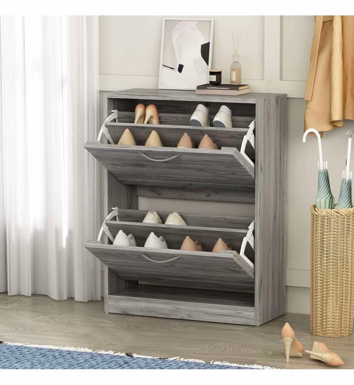 NEW - Homsee Modern Shoe Storage Cabinet with 2 Flip Drawers & Louver Doors, Wood 2-Tier Shoe Rack Storage Organizer for Entryway, Hallway & Bedroom,