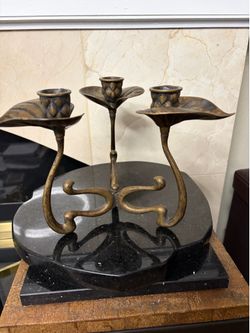 Vintage brutalist floral bronze 3 holder candelabra  1970s