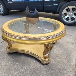 Elegant Antique Gold Glass Top Coffee Table 
