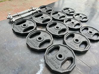 Marcy grip plates 85lb, 2 dumbbell handles with spin collars