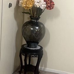 2 piece set of 20” large brown Murano glass flowers vase with 18” carved brown wood marble top stand pickup Gaithersburg md20877