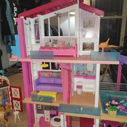 BARBIE DREAM HOUSE, CAMPER, RV, BARN DOLLS AND CLOTHES