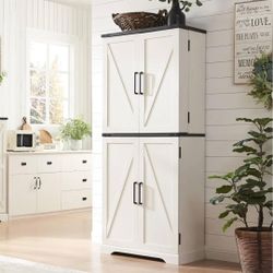 72" Tall Wooden Pantry Storage Cabinet with Door Shelves & Drawer
Farmhouse, Barn Doors, Adjustable Shelves, Freestanding, Anti-tip Kit, for Kitchen,