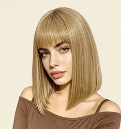 Honey Blonde Short Bob Wig with Bangs for Women(12Inch)