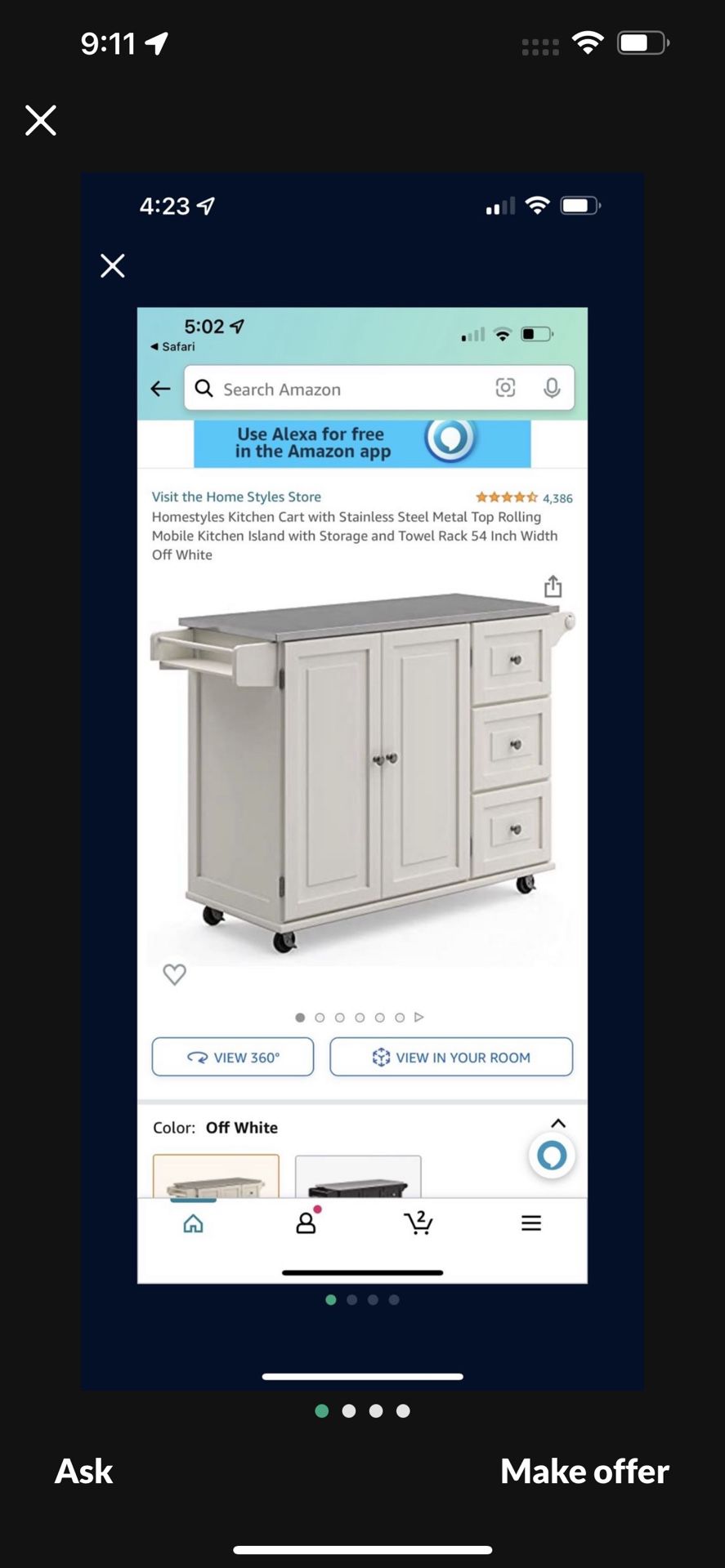 Homestyles Kitchen Cart With Stainless Steel Metal Top Rolling Mobile Kitchen Island With Storage  And Towel Rack 54 Inch Width Off White 