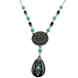 Avon lavalier necklace Art Nouveau style fllligree silver plated mixed materials