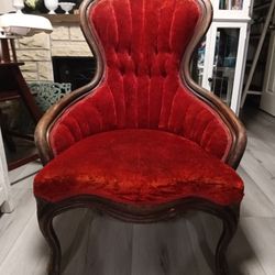 Queen Anne Red Velvet Arm Chair Antique 