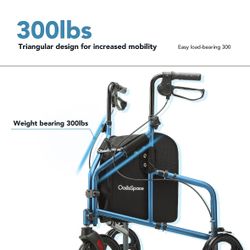OasisSpace 3 Wheel Walker for Seniors - 10” Big Wheels Three Wheeled Walker Foldable, Lightweight Rollator Walker with Large Storage Bag
