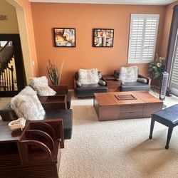 Modern Asian-Inspired Wood Living Room Set – Coffee Table & Chairs