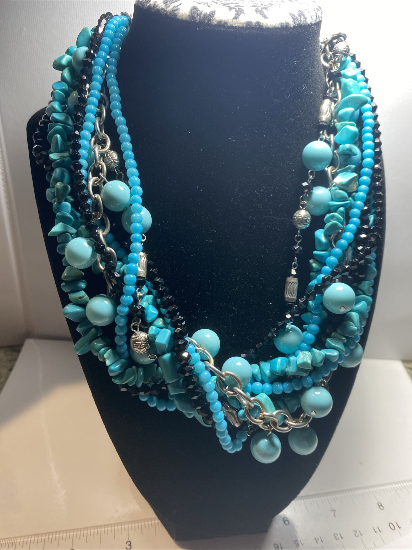 Turquoise and Black Color Multi strand Silver Tone Choker